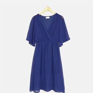 Everly Blue Flutter Sleeve V-Neck Midi Dress